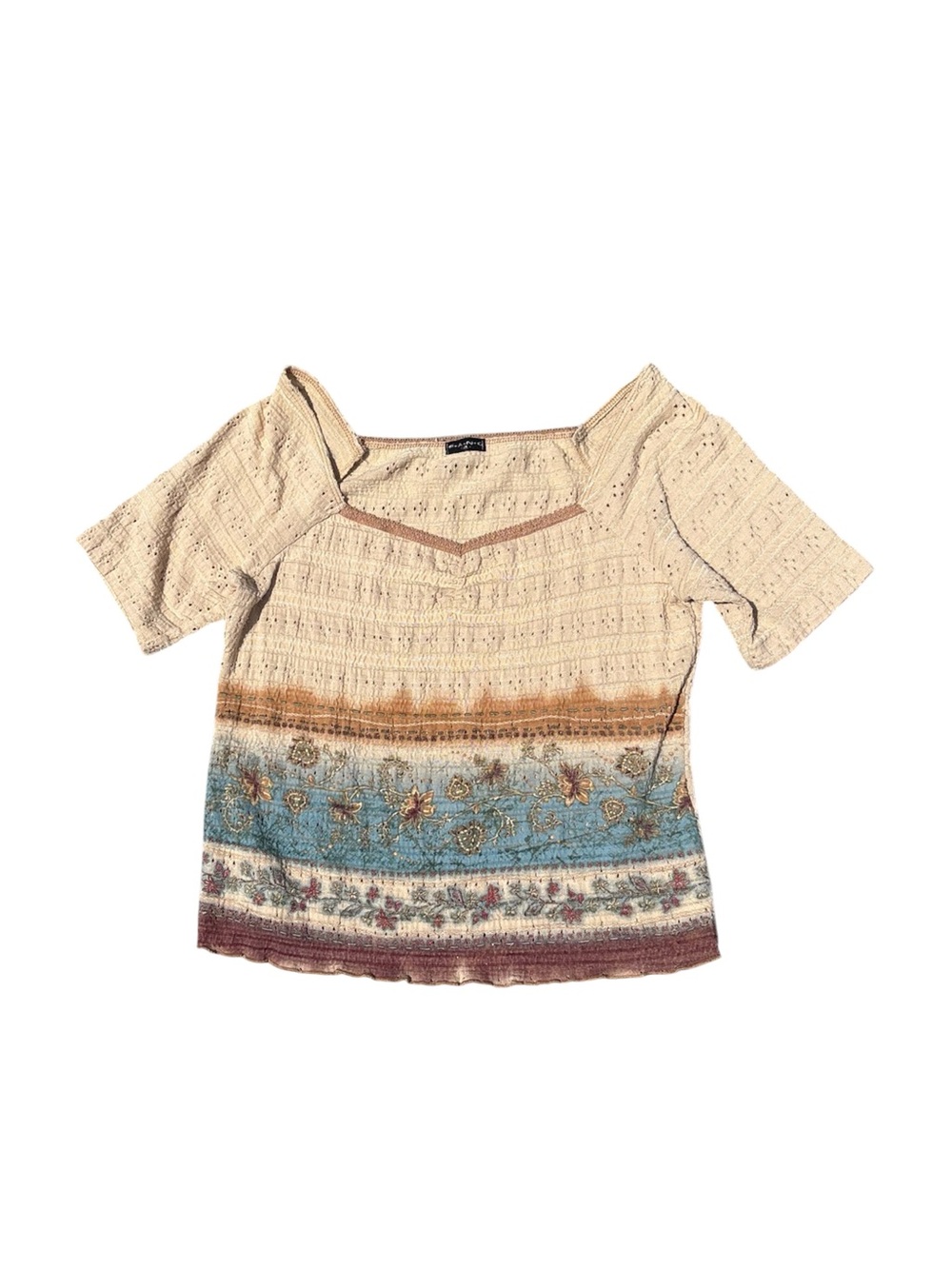 FANG Y2K Cream Patterned Short Sleeve Top Boho